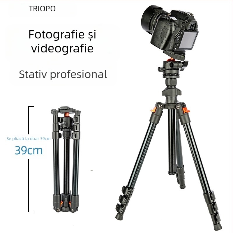 Jiebao K268 trepied din aliaj de aluminiu, portabil pentru DSLR/SLR, cu cap pan-tilt sferic și placă de eliberare rapidă, încărcare 2-5 kg, greutate 1,15 kg