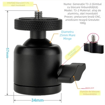 CRWJ Mini Gimbal pentru DSLR/Mirrorless și Proiector – montaj 1/4-20 sau 3/8-20, aliaj de aluminiu + oțel inoxidabil, rotație orizontală 360°, rotație verticală 90°, greutate 100 g