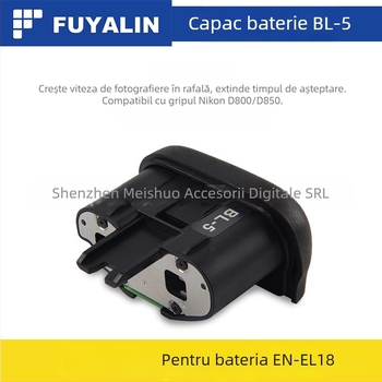 Cap bin BL-5 pentru baterie EN-EL18, pentru mâner D800/D800E/D850; Model: BL-5; Compatibil: D800, D800E, D850; Material: Plastic + Metal; Funcție: Sprijină utilizarea bateriei pentru creșterea vitezei de fotografiere continuă