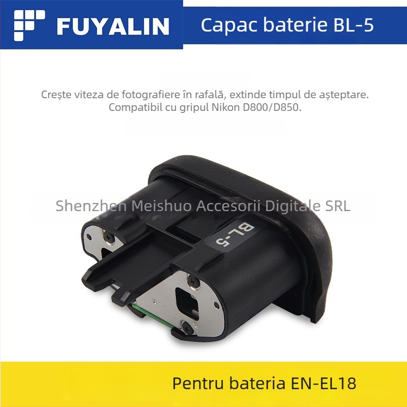 Cap bin BL-5 pentru baterie EN-EL18, pentru mâner D800/D800E/D850; Model: BL-5; Compatibil: D800, D800E, D850; Material: Plastic + Metal; Funcție: Sprijină utilizarea bateriei pentru creșterea vitezei de fotografiere continuă