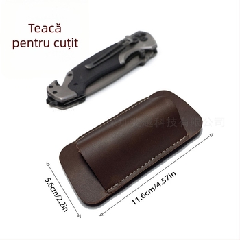 Cuțit tactic EDC pliabil cu husă PU, model Crazy Horse, buzunar talie pentru utilizare în aer liber