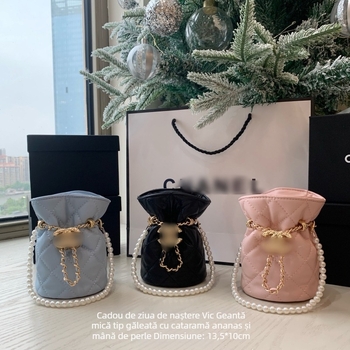 Geantă bucket din PU, închidere cu șnur, căptușeală din pânză Canvas, curele duble