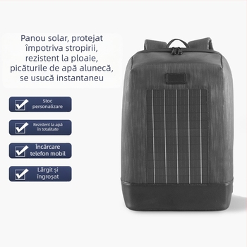 Rucsac cu încărcare solară, interfață USB externă, impermeabil și rezistent la abraziune, capacitate 20–35 L, material Oxford