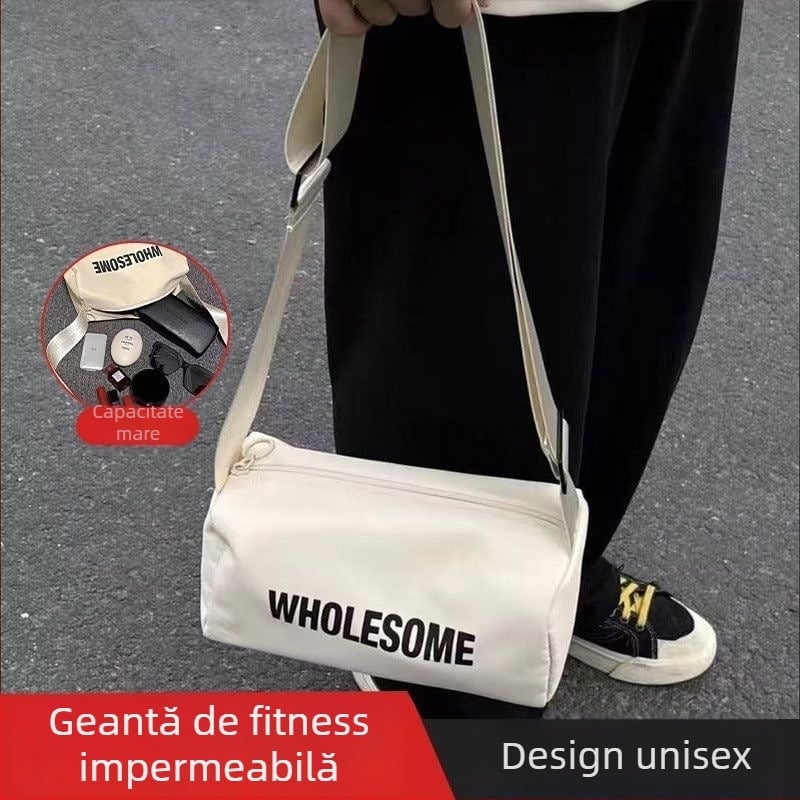 Geantă crossbody, stil unisex, material film, formă cilindrică, închidere cu fermoar, interior laminat