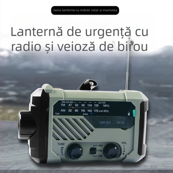 Radio-fenar cu manivelă – LED 3W, baterie 2000mAh, alimentare manuală + solară, impermeabil, lumină de urgență rotativă la 360°