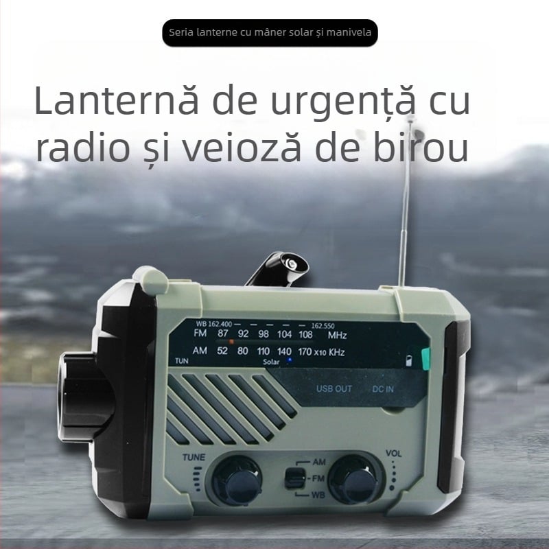 Radio-fenar cu manivelă – LED 3W, baterie 2000mAh, alimentare manuală + solară, impermeabil, lumină de urgență rotativă la 360°