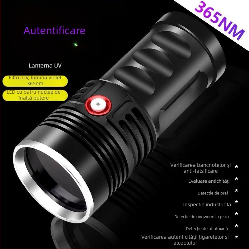 Lampa UV 365nm, 60W, corp din aluminiu, LED reîncărcabil, pentru identificarea tutunului, alcoolului, ceramicii și jadului, rază sub 50 m