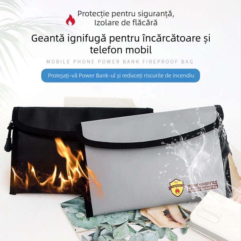 Geantă de fișiere ignifugă cu fermoar, dreptunghiulară, materiale: Liquid Silicone Cloth + Fiberglass Cloth + Aluminum Foil, depozitare documente și valori, pentru birou și acasă