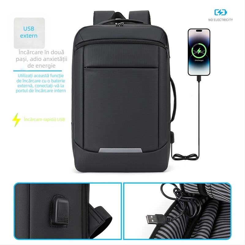 Rucsac pentru laptop pentru bărbați, capacitate mare, material rezistent la apă, extensie USB, bretele curbate, 20-35L
