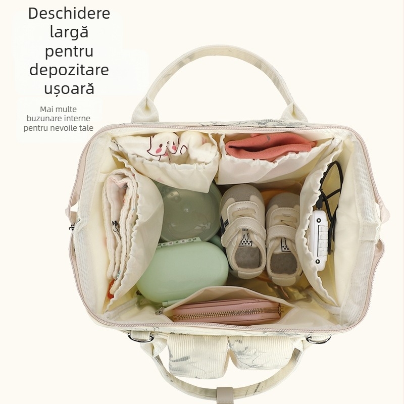Rucsac mamă pentru plimbări cu căruciorul; poliester; stil național nou; impermeabil; respirabil; compartiment uscat-umed