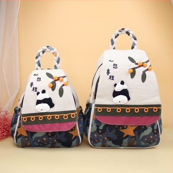 Rucsac pentru femei cu motif Panda, material din amestec de in, stil literar național, căptușeală poliester, lansare primăvara 2025, potrivit pentru călătorii de agrement