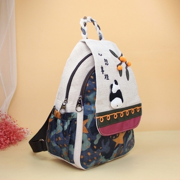 Rucsac pentru femei cu motif Panda, material din amestec de in, stil literar național, căptușeală poliester, lansare primăvara 2025, potrivit pentru călătorii de agrement