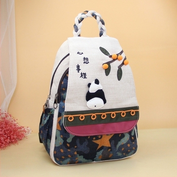 Rucsac pentru femei cu motif Panda, material din amestec de in, stil literar național, căptușeală poliester, lansare primăvara 2025, potrivit pentru călătorii de agrement