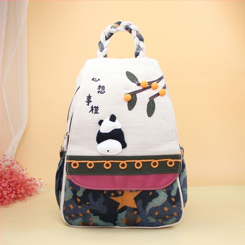 Rucsac pentru femei cu motif Panda, material din amestec de in, stil literar național, căptușeală poliester, lansare primăvara 2025, potrivit pentru călătorii de agrement