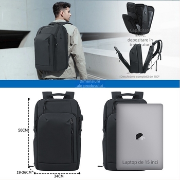 Kingslong rucsac de afaceri multifuncțional, extensibil, impermeabil; compatibil cu laptop de 16 inch; Material: PU; Sistem curele: umăr curbat.