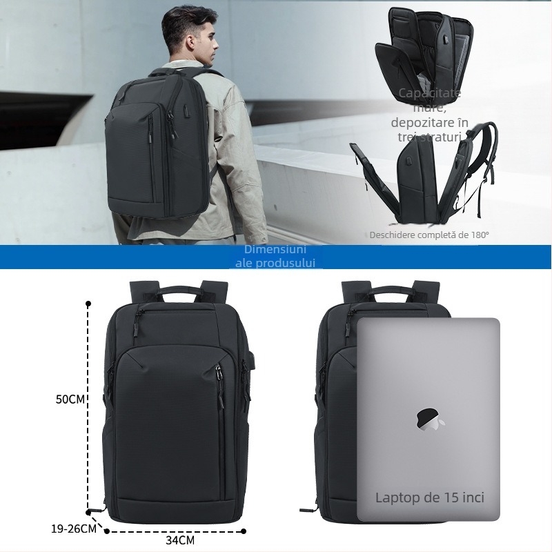 Kingslong rucsac de afaceri multifuncțional, extensibil, impermeabil; compatibil cu laptop de 16 inch; Material: PU; Sistem curele: umăr curbat.