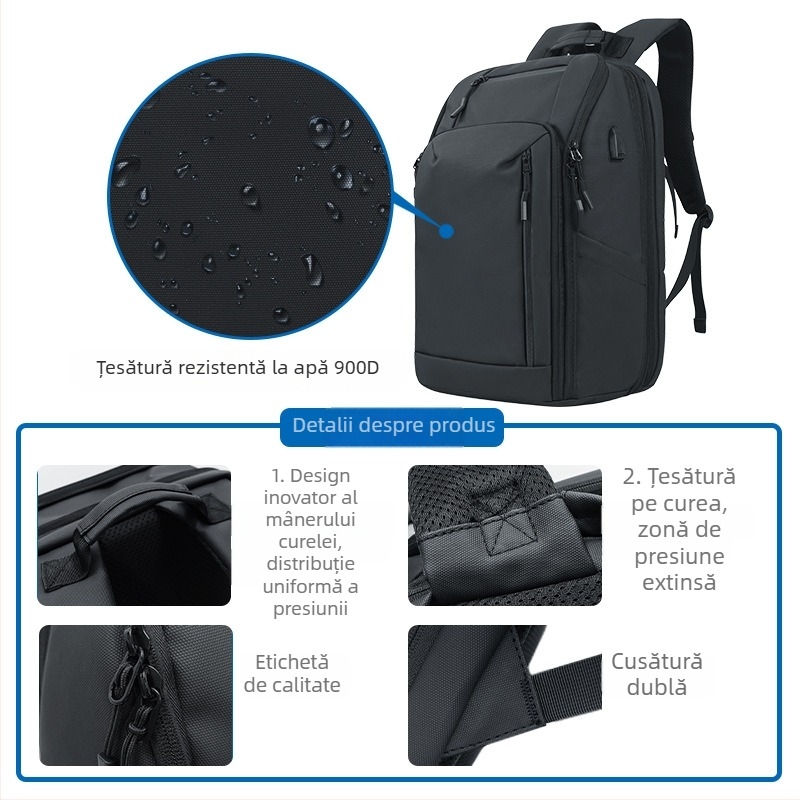 Kingslong rucsac de afaceri multifuncțional, extensibil, impermeabil; compatibil cu laptop de 16 inch; Material: PU; Sistem curele: umăr curbat.