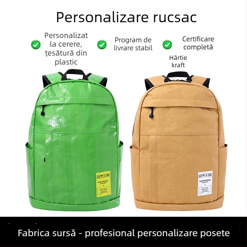 Rucsac din material plastic țesut ecologic și hârtie Kraft, stil minimalist, capacitate 20–35 L, potrivit pentru un laptop de 15 inch, ultra-ușor cu bretele curbate