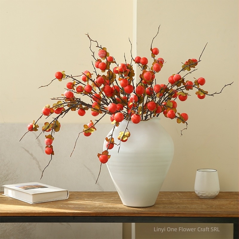 Floare artificială din mătase, 6 capete de persimmon sălbatic, stil modern minimalist, decor pentru casă