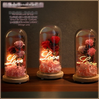 Trandafir cu capac de sticlă și flori conservate – cutie cadou cu flori, potrivită pentru Ziua Îndrăgostiților, nunți și zile de naștere