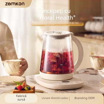 Zemkon Health Pot – Oală de sănătate cu menținere a temperaturii, corp din sticlă borosilicată, 1.8L, 800W, 220V, Control prin atingere