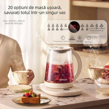 Zemkon Health Pot – Oală de sănătate cu menținere a temperaturii, corp din sticlă borosilicată, 1.8L, 800W, 220V, Control prin atingere