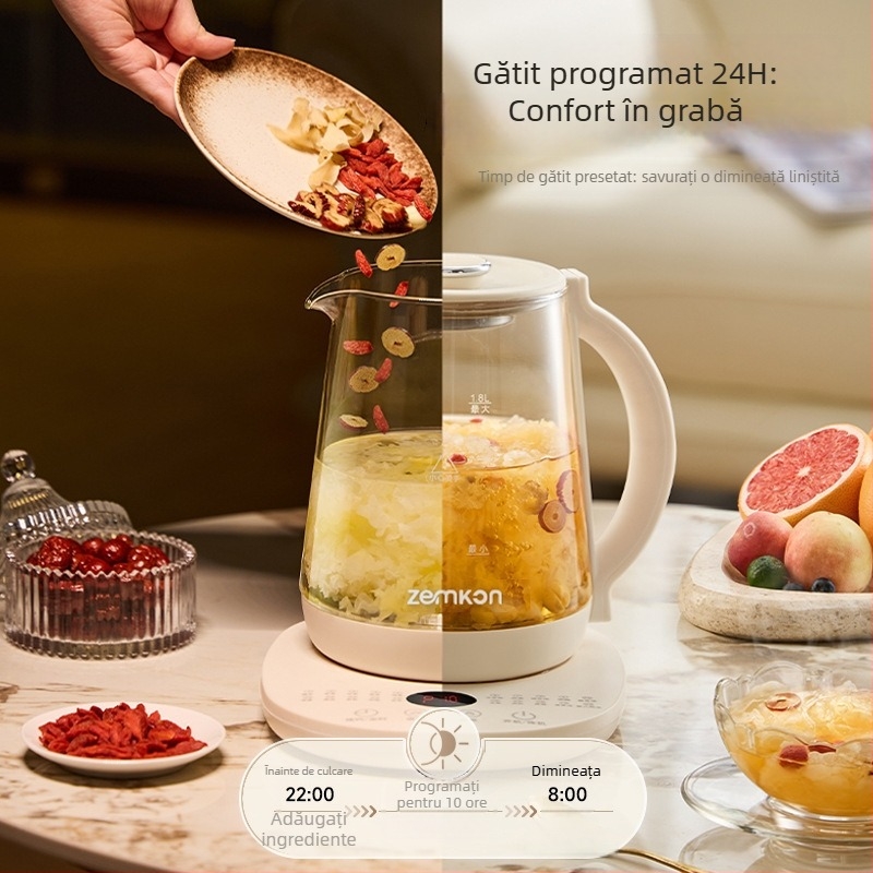 Zemkon Health Pot – Oală de sănătate cu menținere a temperaturii, corp din sticlă borosilicată, 1.8L, 800W, 220V, Control prin atingere