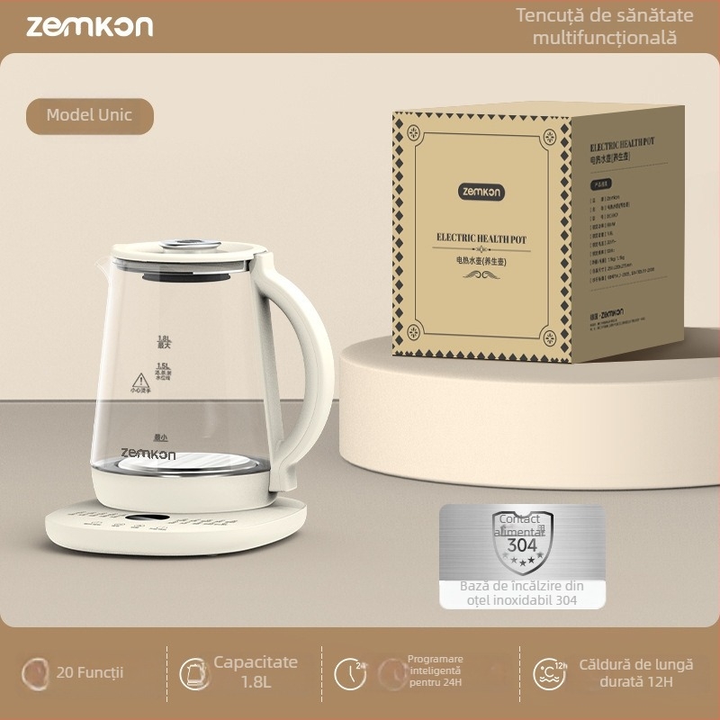 Zemkon Health Pot – Oală de sănătate cu menținere a temperaturii, corp din sticlă borosilicată, 1.8L, 800W, 220V, Control prin atingere