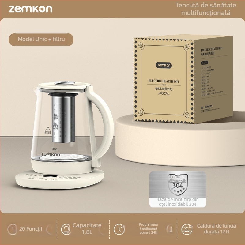Zemkon Health Pot – Oală de sănătate cu menținere a temperaturii, corp din sticlă borosilicată, 1.8L, 800W, 220V, Control prin atingere
