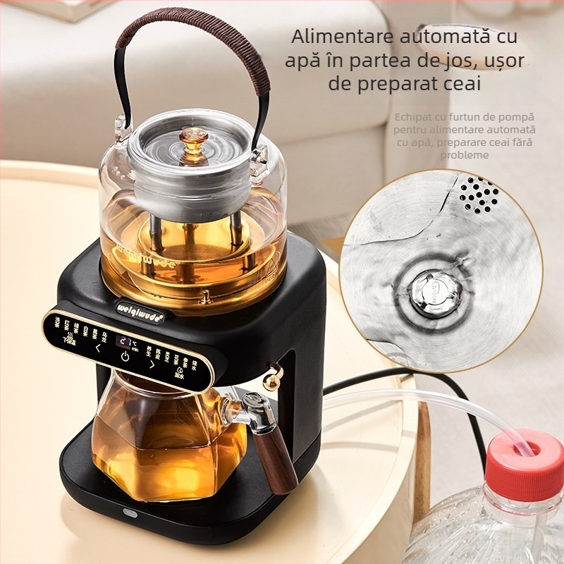 Plită electrică pentru ceai cu ceainic din sticlă, 1000–1500 W, capacitate sub 1 L, bază rotativă la 360°, funcție de menținere a temperaturii