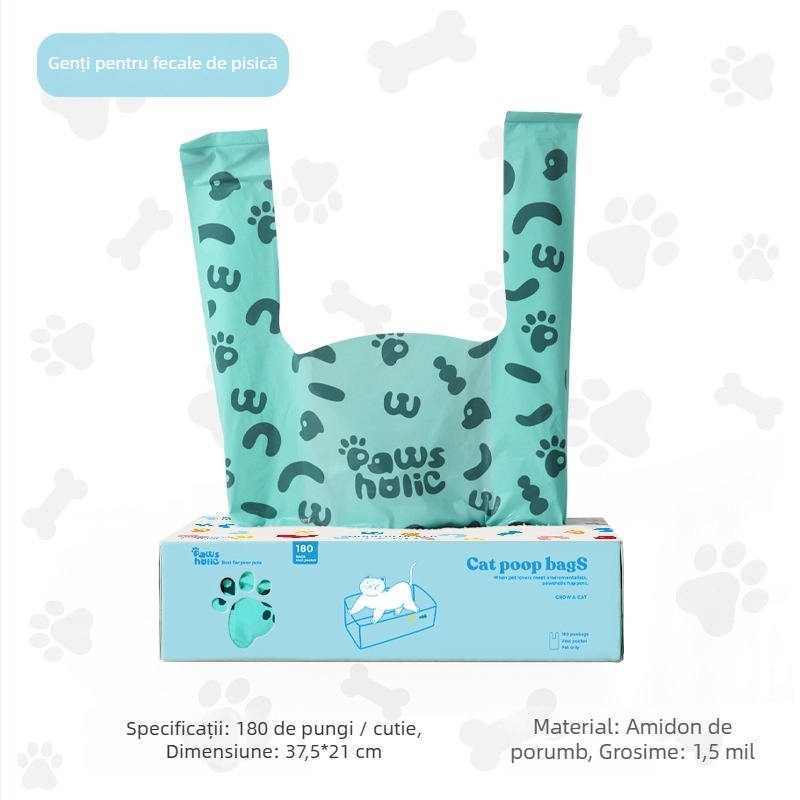 Vesta pentru pungile de deșeuri ale pisicilor, pawsholic, bază de amidon + HDPE, îngroșat, ambalaj în cutie colorată