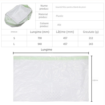 Sac gros pentru deșeuri de nisip de pisică cu filtru, închidere automată cu șnur, fără cupă