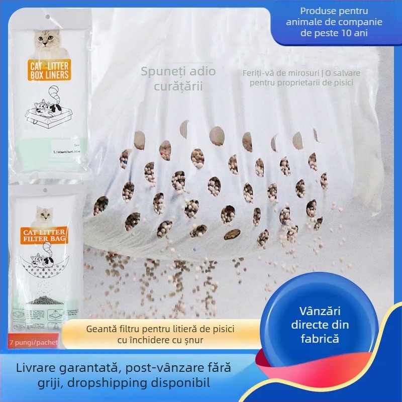 Sac gros pentru deșeuri de nisip de pisică cu filtru, închidere automată cu șnur, fără cupă