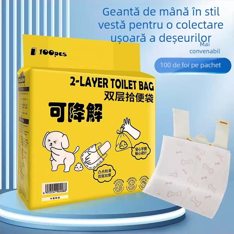 Saci dublu strat pentru fecalele câinilor, de unică folosință, pentru plimbări cu câinele, îngroșați, din hârtie plastic solubilă în apă, stil vestă