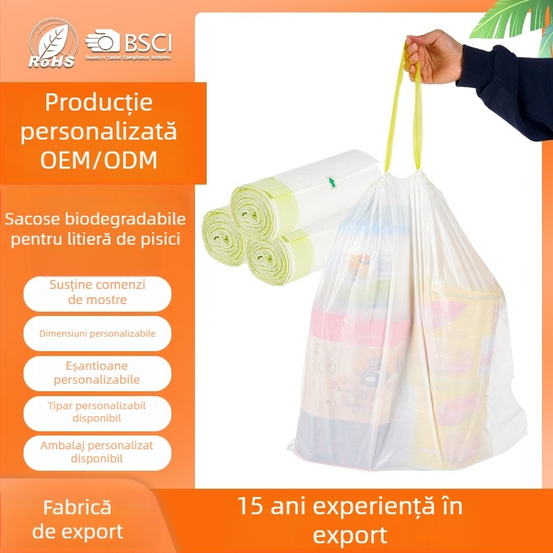 Sac pentru nisip de pisică, îngroșat, biodegradabil din PE, pentru cutia de nisip inteligentă, cu închidere automată și șnur, în rolă continuă