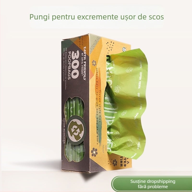 Pungi biodegradabile pentru fecale de câine, tip deschidere plată, îngroșate, material EPI+HDPE, 300 bucăți (posibilitate etichetă privată)