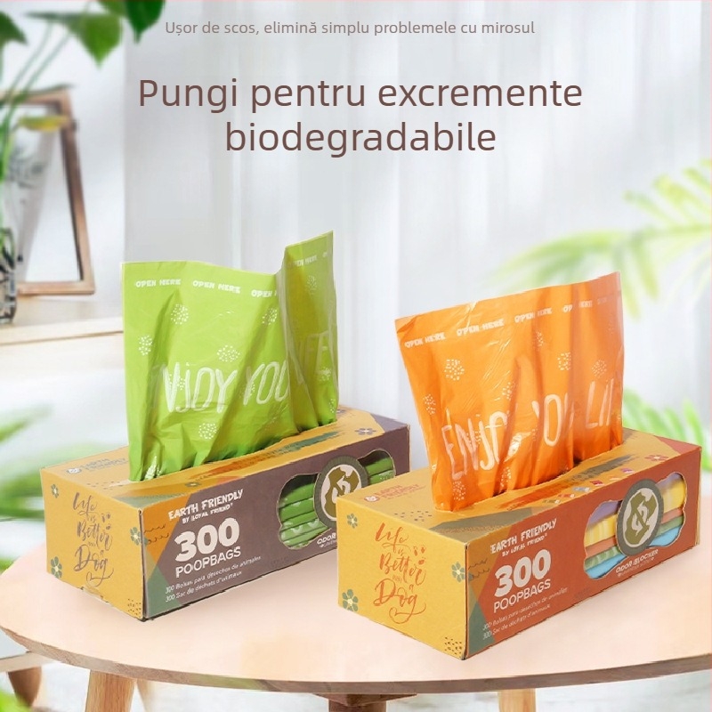 Pungi biodegradabile pentru fecale de câine, tip deschidere plată, îngroșate, material EPI+HDPE, 300 bucăți (posibilitate etichetă privată)