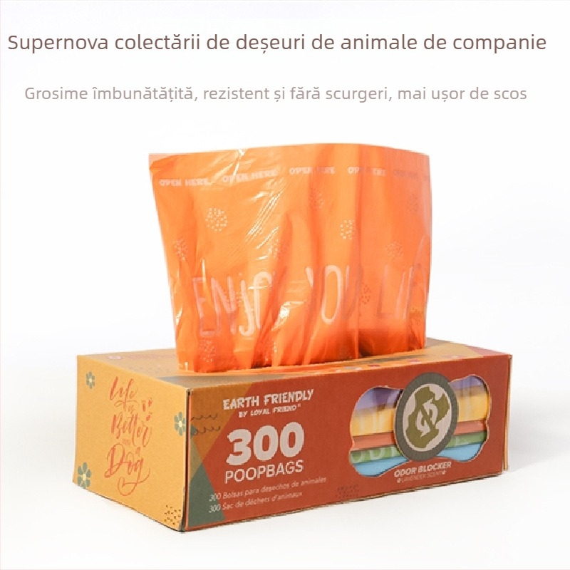 Pungi biodegradabile pentru fecale de câine, tip deschidere plată, îngroșate, material EPI+HDPE, 300 bucăți (posibilitate etichetă privată)