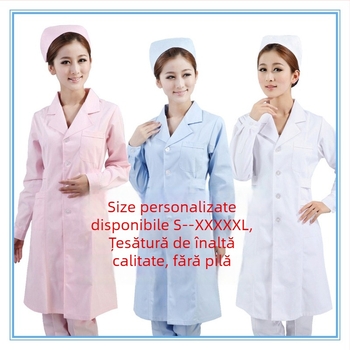 Halat medical pentru personal feminin, uniformă de asistentă de laborator, bumbac, material care evacuează umezeala, mâneci lungi, guler rotund