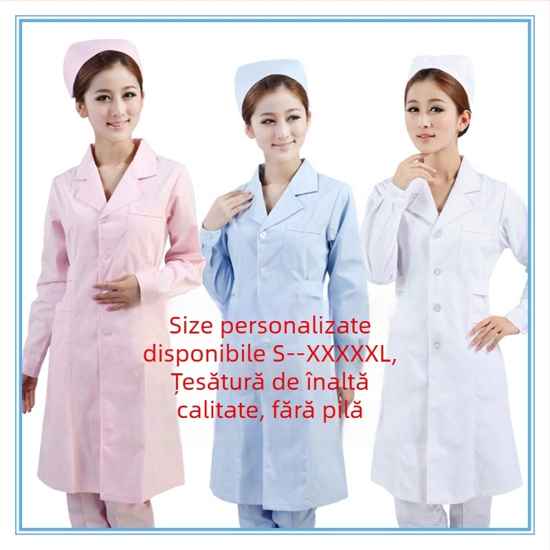 Halat medical pentru personal feminin, uniformă de asistentă de laborator, bumbac, material care evacuează umezeala, mâneci lungi, guler rotund