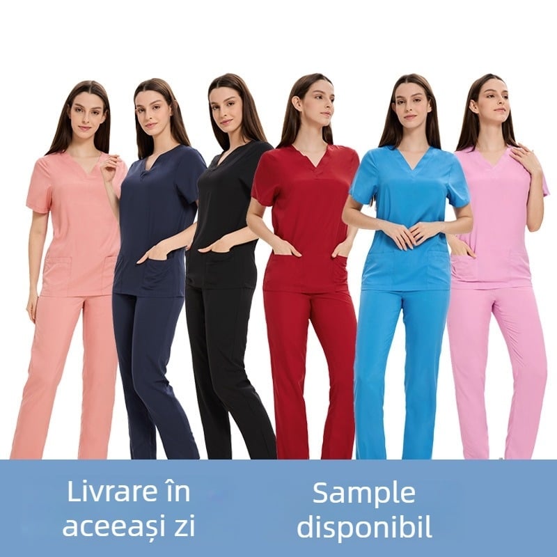 Set scrubs medical unisex — poliester cu elastan, uscare rapidă, guler în V, mâneci scurte, top cu pantaloni, 95%+ poliester, potrivit pentru vară, primăvară și toamnă.