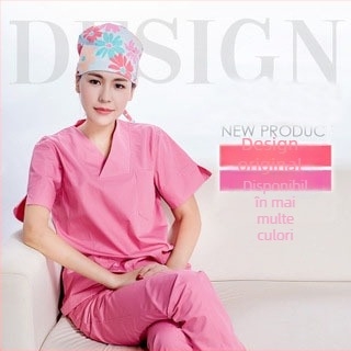 Top scrubs medical unisex cu mâneci scurte, decolteu în V, material poliester-bumbac 65%