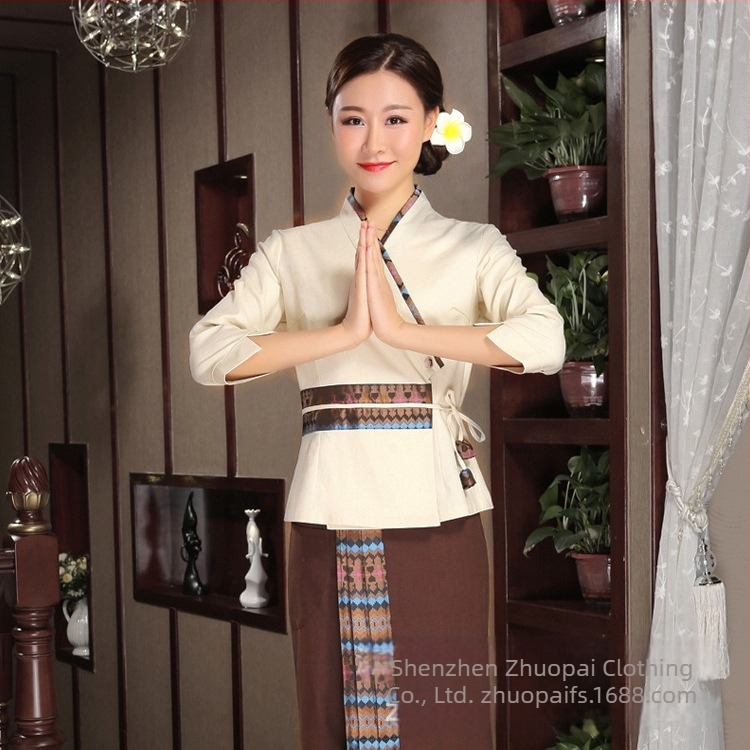 Set uniformă pentru cosmetică: amestec bumbac-ramie 65%/35%, material cu absorbție a umezelii, top cu decolteu în V, mâneci 3/4, costum pantaloni și fustă, pentru toate anotimpurile