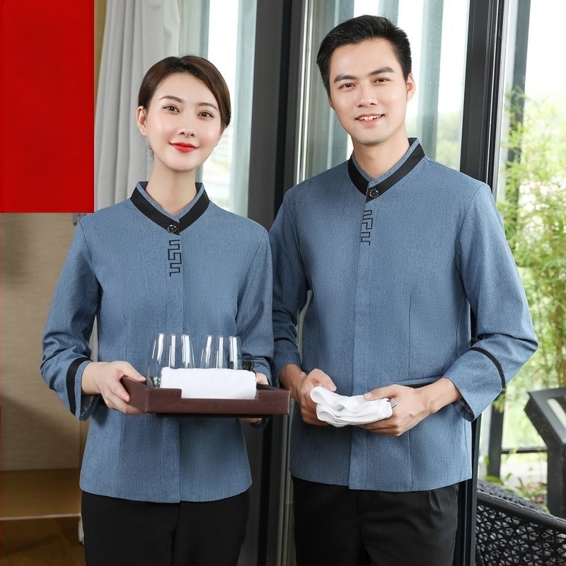 Uniformă unisex pentru curățenie hotelieră - material din bumbac amestec, absorbant de umiditate, mâneci jumătate, guler cu blană