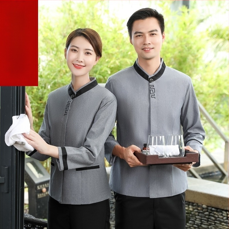 Uniformă unisex pentru curățenie hotelieră - material din bumbac amestec, absorbant de umiditate, mâneci jumătate, guler cu blană