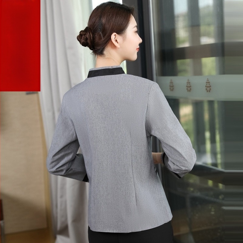 Uniformă unisex pentru curățenie hotelieră - material din bumbac amestec, absorbant de umiditate, mâneci jumătate, guler cu blană