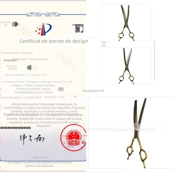 Foarfece pentru îngrijire a animalelor de companie, formă curbată de cot, lamă zimțată, oțel inoxidabil, finisare fină