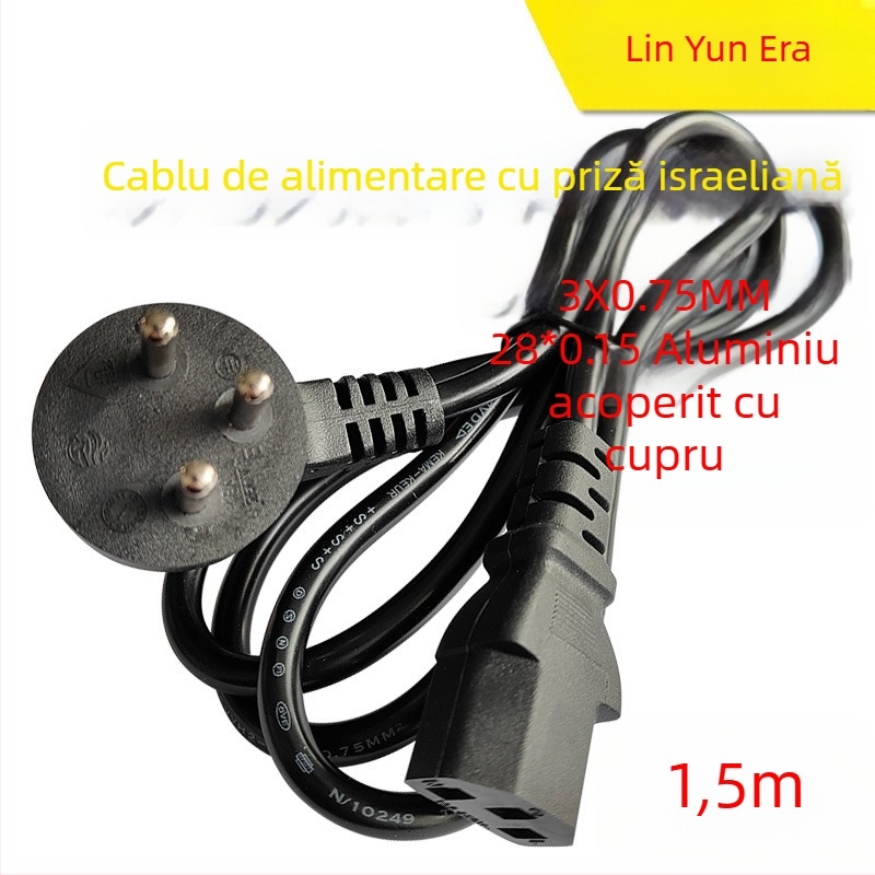 Cablu de alimentare AC cu aluminiu acoperit cu cupru și conector israelian, lungime 1,5 m, trei pini