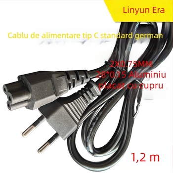 Cablu de alimentare cu strat de cupru peste aluminiu, 1,2 m, standard european, priză cu doi pini, cablu de conectare pentru adaptor laptop, certificat conform standardului german