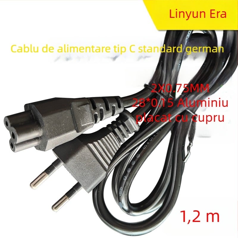 Cablu de alimentare cu strat de cupru peste aluminiu, 1,2 m, standard european, priză cu doi pini, cablu de conectare pentru adaptor laptop, certificat conform standardului german